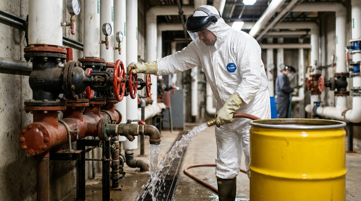 Technicien Aquatycia réalisant une désinfection de réseau d'eau chaude sanitaire à Paris