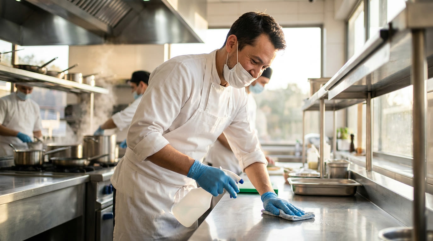Préleveur Aquatycia réalisant un contrôle d'hygiène de surface en cuisine professionnelle